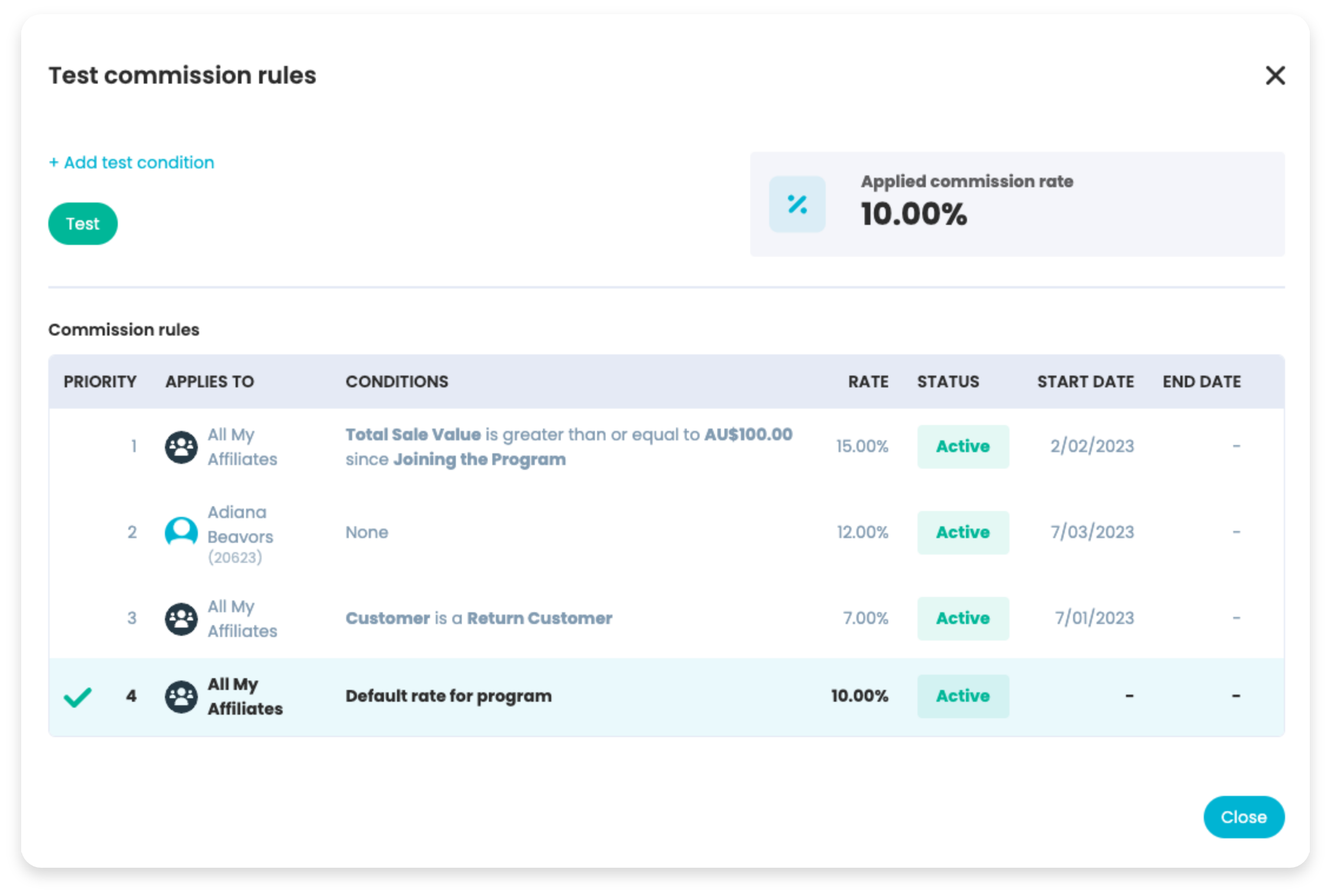 In this example there are no conditions passed back in the transaction, meaning the default commission rate is being applied.